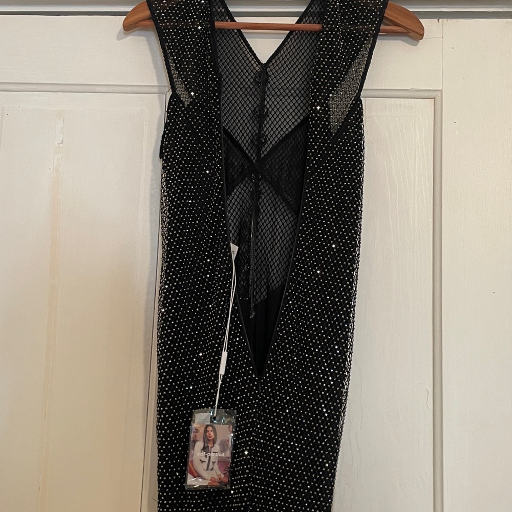 New Self Portrait Black Rhinestone Fishnet Crossover Midi Dress size US 4 - Picture 12 of 17
